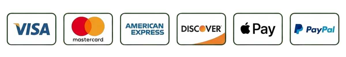 Accepted payments: Visa, Mastercard, American Express, Discover, Apple Pay, PayPal